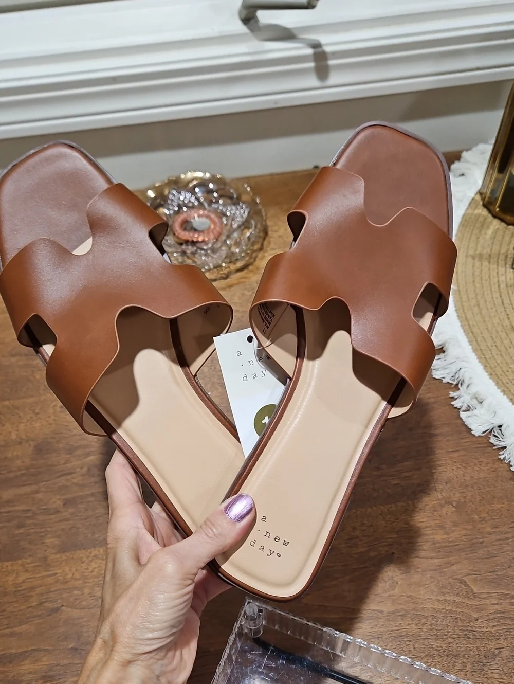 a new day Brown Leather-Look Slide Sandals for Women
